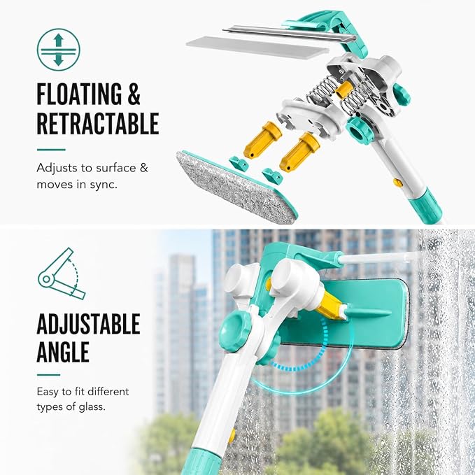 ORIXA U Shaped Window Cleaner for Outside Windows, Extendable Telescopic Pole with Rotatable Squeegee Head, Clean Exterior Glass from Inside, 2 Reusable Microfiber Cloths