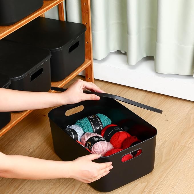 Hoolerry 8 Pack Storage Bins, 13.8 X 9.8 X 5.9 Inch Black | Plastic Stackable Containers with Lid Handle, For Shelves Desktop Playroom Office, Organizing Toys Books Supplies Storage