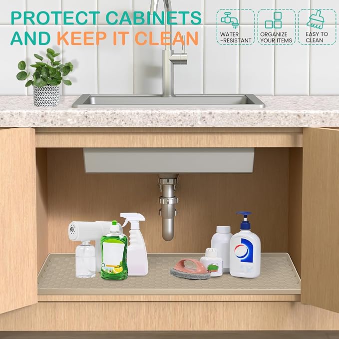 Silicone Under Sink Mat 22"x19", Waterproof Cabinet Liner, LightGrey | Shelf Liner, Cabinet Protector, Home Organizer, for Kitchen, Bathroom, Multipurpose, Leak Proof, Easy Clean, Drip Tray, Clean