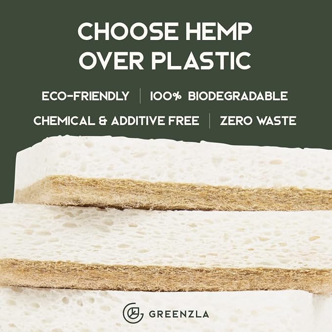 GREENZLA 12 Pack Kitchen Sponges | Non-Scratch Hemp & Sisal | Dual-sided: scrubbing + absorbent cellulose | Odor-resistant | Biodegradable | Dishes, sinks & bathtubs