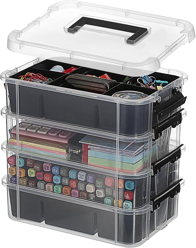 JUXYES 4-Tiers Plastic Stack Carry Storage Containers Box wih Handle Lids | Clear Stackable Latching Storage Bin With 2 Tray for School Office, Organizing Sewing, Art Craft, DIY Supplies, Black