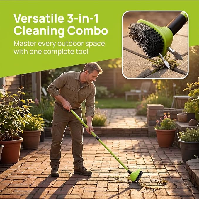 3-in-1 Versatile Weed Brush Combo Set, Floor Scrub Brush with Long Handle | Interchangeable Deck Cleaning Tool, Deck Brush for Patio, Concrete, Driveway & Outdoor Cleaning
