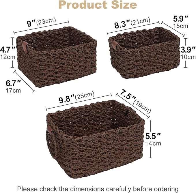 Paper Rope Storage Baskets Set of 3, Handwoven Decorative Wicker Organizer Bins with Handles for Shelves, Bathroom, Closet & Pantry, Soft Woven Nesting Storage Basket Set (Dark Brown)