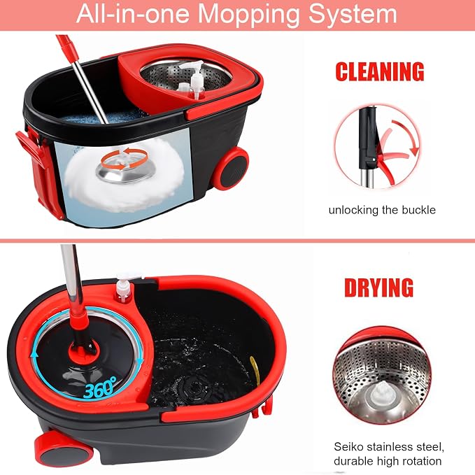 Spin Mop and Bucket with Wringer Set on Wheels,360° Spinning Mop Bucket System for Floor Cleaning, Mop and Bucket Set with 3 Microfiber Mop Replacement Heads and 61" Stainless Steel Adjustable Handle