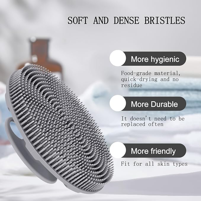 INNERNEED Food-Grade Soft Silicone Body Scrubber Shower Brush, Gray | Handheld Cleansing Skin Brush, Gentle Exfoliating and Lather Well, Hygienic Bath Scrub for Women, Men