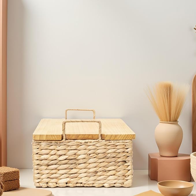 Handmade Water Hyacinth Wicker Baskets with Wooden Lid (Small) | Rectangle Natural Woven Decorative Household Storage Organizer for Picnics,Countertops,Bathrooms,Kitchens,Pantries,Shelves