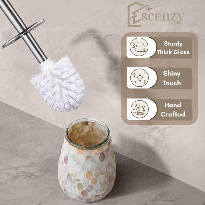 Escenzy Natural Shell Toilet Brush and Holder Set – Handcrafted Mother of Pearl Mosaic Glass Holder, 304 Rust-Resistant Stainless Steel Toilet Bowl Brush – Decorative Luxury Coastal Bathroom Accessory