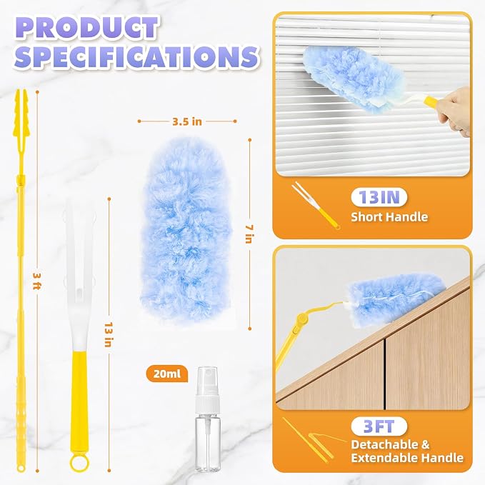 Duster Refills for Swiffer Duster, 60 Count with 2 Handles | 3 FT Extended Handle, 2 Sides 360°, 5X Microfiber, Heavy Duty Disposable Dusters for Cleaning Ceiling Fan, Blinds, Vent