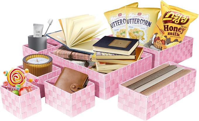 Set of 7 Nested Woven Cube Baskets, Drawer Organizers in Multi-sizes | Ribbon Checker Storage Bins for Organizing Desk, Dresser, Kitchen, Pantry
