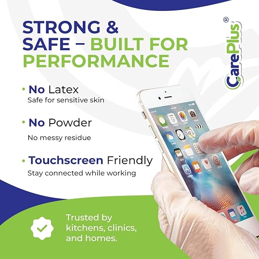 CARE PLUS Vinyl Gloves Clear X-Large, Disposable Latex Free, 100 Count | Powder free exam grade protection for food service, salons & housekeeping; ambidextrous, tear resistant, comfortable fit