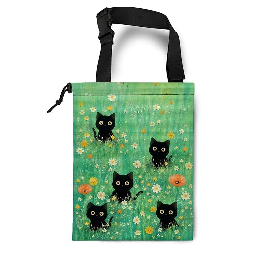 Black Cat Floral Car Trash Bag Hanging for Back Seat | Cottagecore Black Cat Canvas Drawstring Car Garbage Bag with Adjustable Buckle Vehicle Trash Can