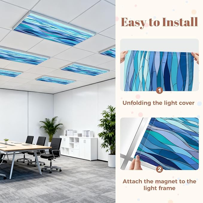 6 Pcs Fluorescent Light Covers for Ceiling Lights Abstract stylized wave sky like stained glass window Magnetic Decorative Shade Filters 4x2 ft for Classroom Office Hospital Decor