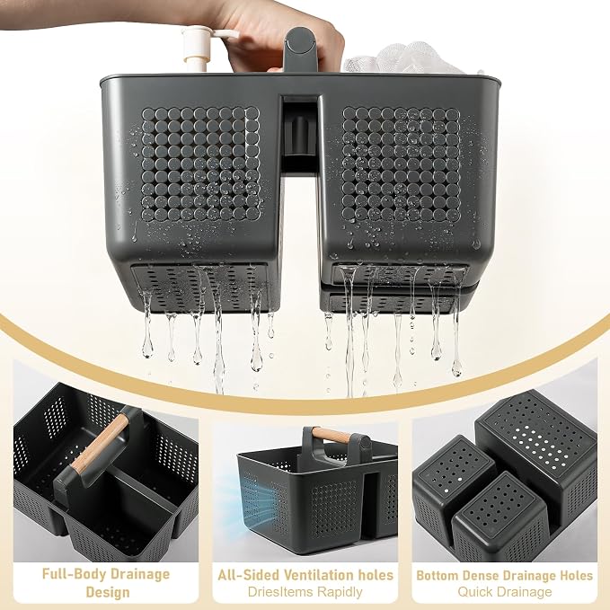 JiatuA Portable Shower Caddy Basket Plastic Caddy Organizer Large Dark Grey | Sturdy Drainage Large Capacity Cleaning Supplies Caddy Tool Storage for Bathroom Kitchen Bedroom College Dorm Essentials