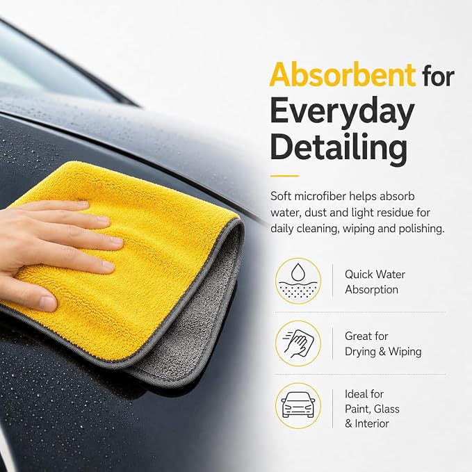 Microfiber Towels for Cars 12 Pack, 16" x 24" Yellow/Grey 500 GSM Professional Car Detailing Towels, Soft Stitched Edge Cloths for Washing, Polishing, Buffing, Glass & Interior