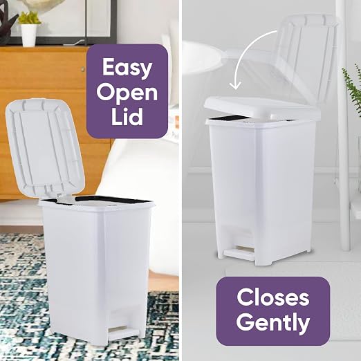 Superio Slim Step On Pedal Plastic Trash Can, Waste Bin for Under Desk, Office, Bedroom, Bathroom, Kitchen (6.5 gal) (White Smoke)