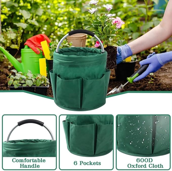 17L Waterproof Cleaning Supply Caddy 600D Foldable Storage Basket Green | Oxford Fabric Garden Tool Organizer Bag+6 Pockets Multifunctional Organiser Mop Bucket for Bathroom, Garden,Camping& Fishing