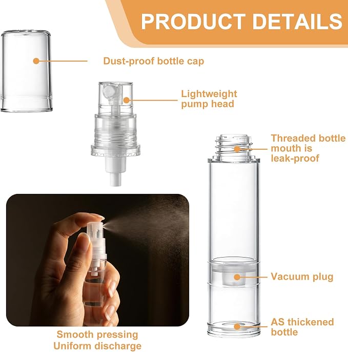 6pcs Airless Travel Spray Bottle, 5ml & 10ml & 15ml, Clear | Plastic, 360° Angle Leak Proof, Mini, Spray, Empty, Refillable for Facial Moisturizing