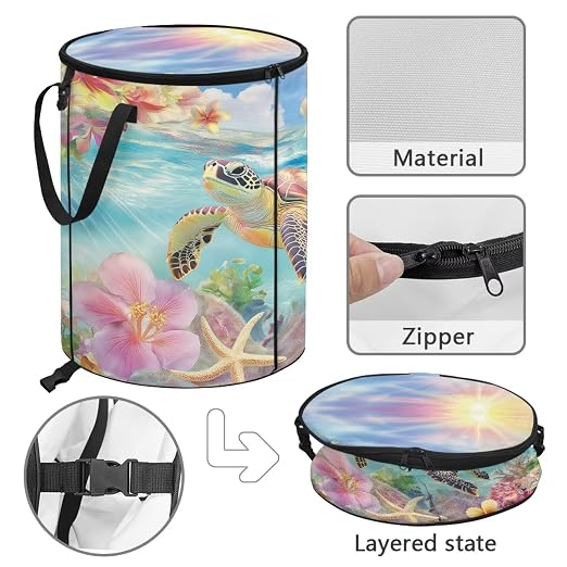 Floral Turtle 24 Gallons Collapsible Camping Trash Can with Lid Waterproof Pop Up Garbage Can for Outdoor Large Capacity Reusable Trash Bin for Yard Lawn Garden Garbage Bag