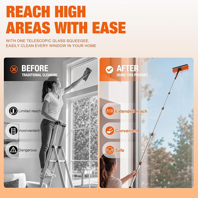 30FT Window Squeegee with Extension Pole, 2-in-1 Squeegee for Window Cleaning, Professional Cleaning Kit for Home with 24FT Telescoping Pole for Outdoor Indoor Use