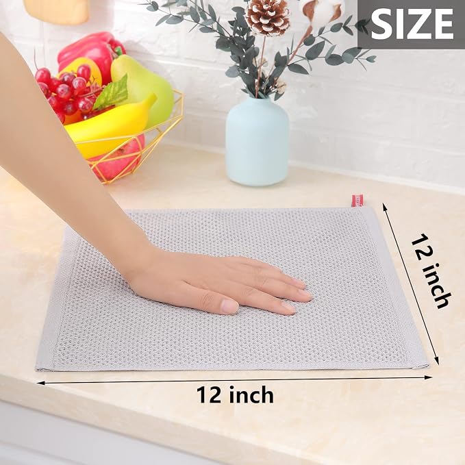 Homaxy 100% Cotton Waffle Weave Kitchen Dish Cloths 12-Pack, Light Gray | 12 x 12 Inches, Ultra Soft Absorbent Dish Towels, Quick Drying Dish Rags with Hanging Loop
