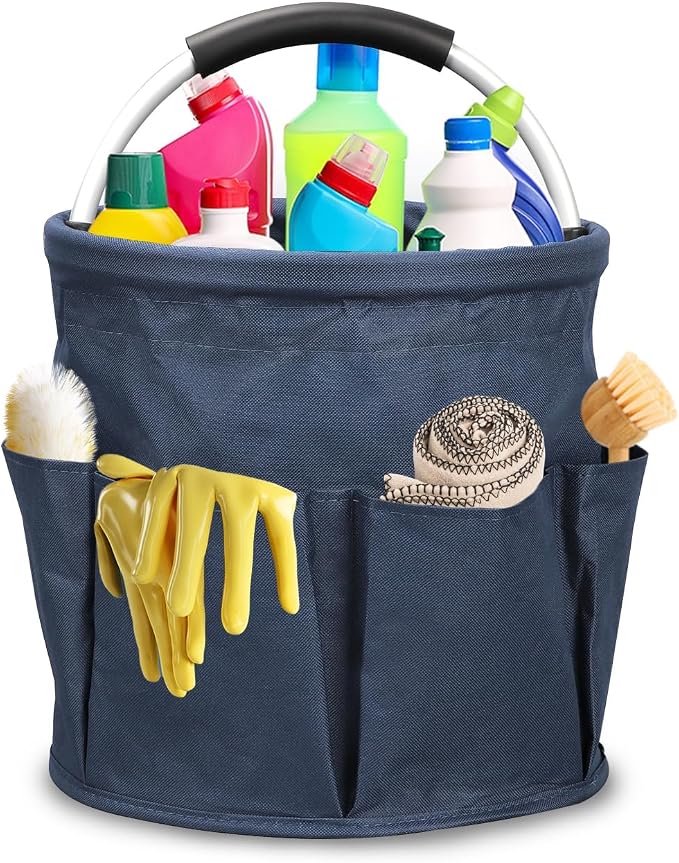 17L Foldable Cleaning Caddy with Handle - Portable Duty Tool Bag Cleaning Supply Organizer, Multi-Compartment Cleaning Bucket Storage Basket for Home Kitchen Bathroom (Blue)