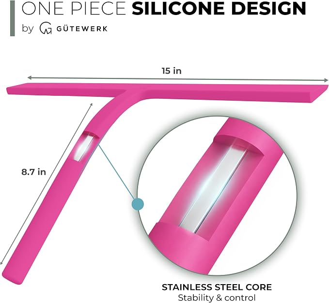 Silicone Shower Squeegee with 3-in-1 No-Drill Mount, Pink, 15'' | Squeegee for Glass Doors & Mirrors with Stainless Steel Core, Streak-Free & No-Squeak Window Cleaning, Hook/Suction/Adhesive