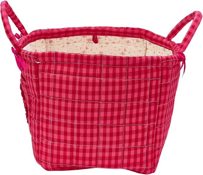 Boho Fabric Storage Basket Quilted Floral Print Baskets Organizer Bin with Handles for Home, Picnic, Shopping (A-Red 2, One Size)