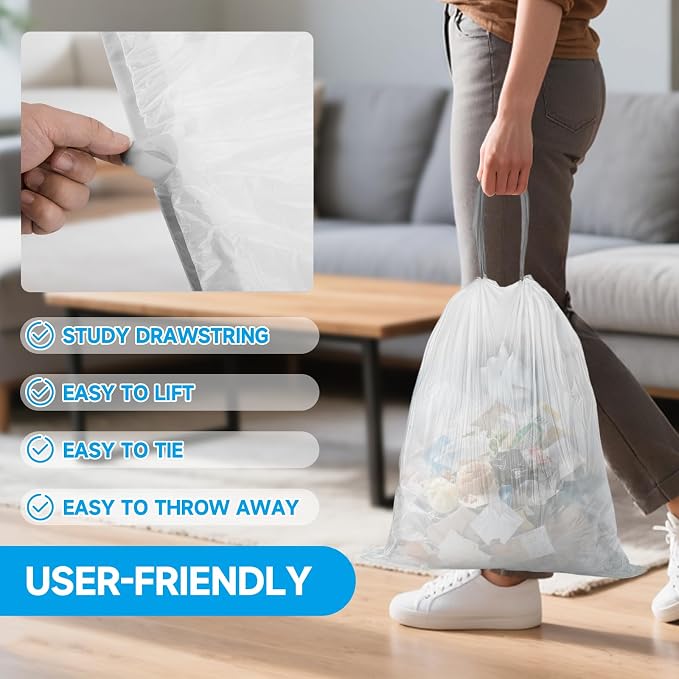 180 Ct 2.6 Gal Drawstring Small Trash Bags, Unscented for Bathroom | 1.2 Mi Small Drawstring Garbage Bags, HDPE Leak-Proof Tear Resistant for Kitchen Office Bathroom Home
