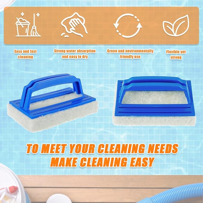 Hand-Held Sponge Swimming Pool Scrub Brush | for Pool Tile & Grout, Walls, Vinyl Liners, Spas, Kitchen, Bathroom, Shower Tile (2 pcs)