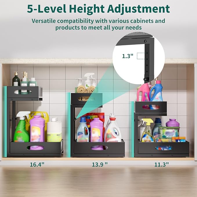 Under Sink Organizer, Extra-Wide Upgrade, 2-Pack of 2-Tier Metal Slide Out Cabinet Organizer, Height Adjustable Organization and Storage Series, Bathroom/Cabinet/Kitchen organization, Black
