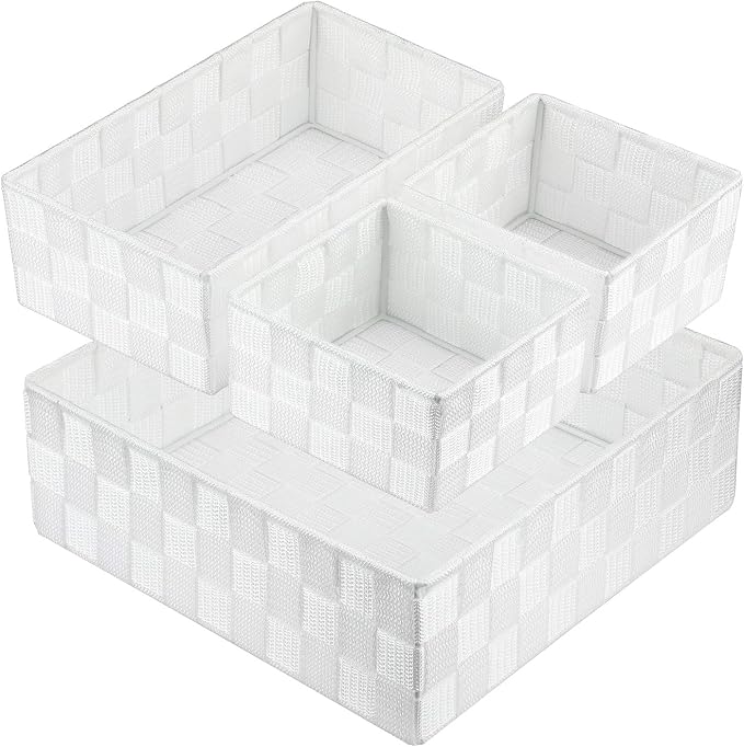 Posprica Woven Storage Box Cube Basket Bin Container Tote Organizer Divider for Drawer,Closet,Shelf, Dresser (White)