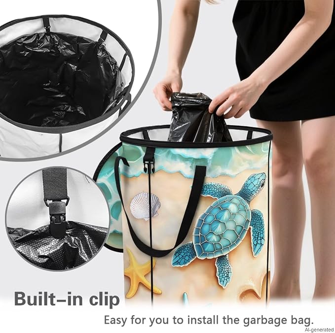 Beach Turtle Collapsible Recycling Bin 24Gal - Compost Waste Container w/Sorting Clips & Lid | Waterproof Pop-Up Design for Lawn, Camping, Yard Waste Gifts for Outdoor Workers