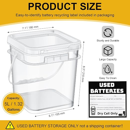 Baderke 2 Pack Battery Recycling Disposal Container with Label, Transparent | 1.32 Gallon Capacity, Battery Recycling Container with Label, Used-dry-cell Battery Storage Organizer, for Household, Office