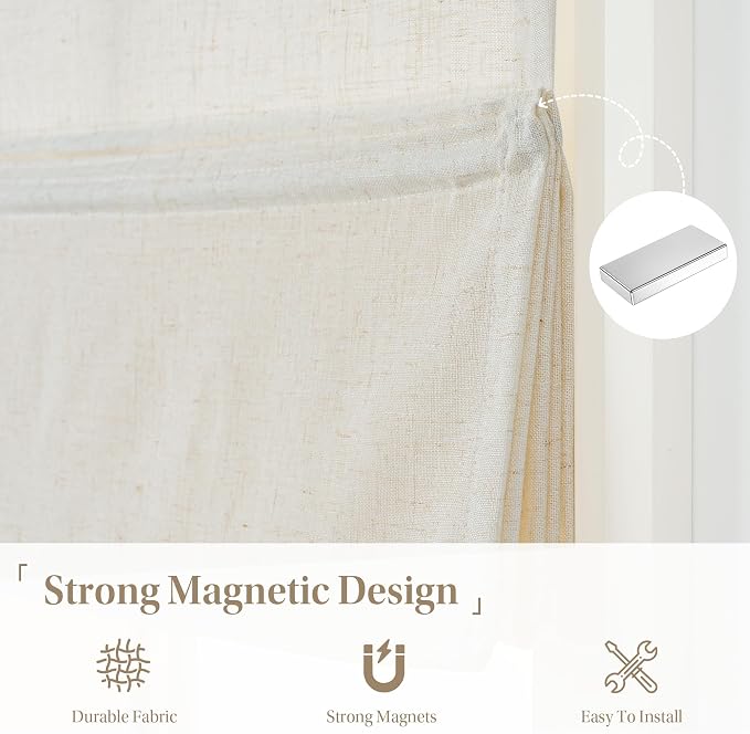 StangH Magnetic Natural Linen Roman Shades for Doors, W26 x L72, 1 Panel | Cordless Window Shades, Light Filtering with Privacy, Farmhouse Rustic Decor, for Home Office