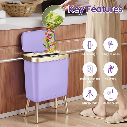 Procade Purple Bathroom Trash Can with Lid and Legs,Small Gold Garbage Can | 4 Gallon Tall Skinny Plastic WasteBasket,Dog Proof Trash can,Slim Room Decor Trash Bin for Bedroom,Kitchen,Office,Dorm,Toilet