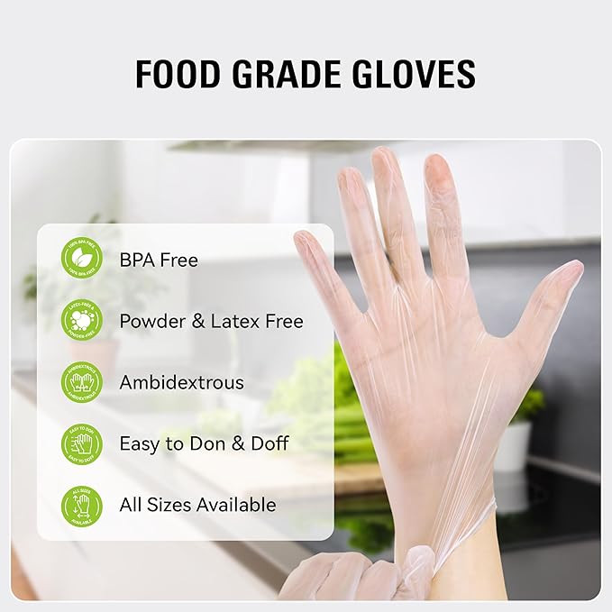 Disposable Vinyl Gloves, Food Safe | Latex-Free Powder-Free Clear Plastic Gloves for Cooking, House Cleaning, Food Prep
