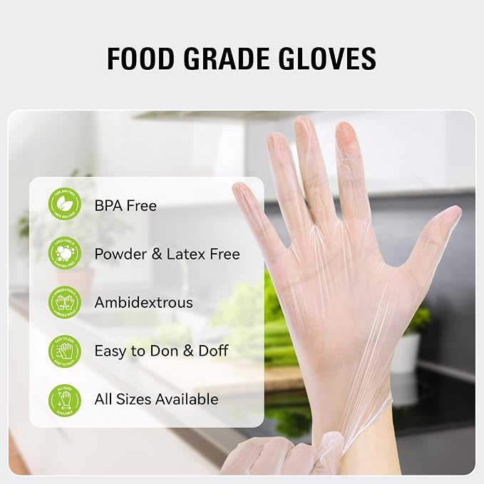 Disposable Vinyl Gloves, Food Safe | Latex-Free Powder-Free Clear Plastic Gloves for Cooking, House Cleaning, Food Prep