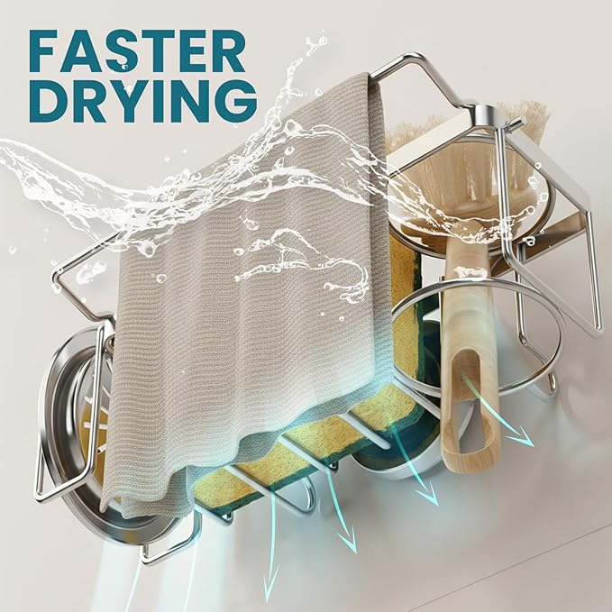 TAILI 4-in-1 Sink Sponge Holder for Kitchen with Strong Suction Cup-Silver | Removable Sink Caddy with Suction Cup, Rustproof 304 Stainless Steel Multi-compartment Sink Organizer for Sponge, Brushes