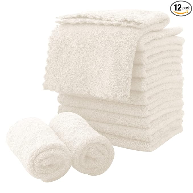 MOONQUEEN Microfiber Facial Cloths Fast Drying Washcloth 12 Pack - Premium Soft Makeup Remover Cloths - Cream