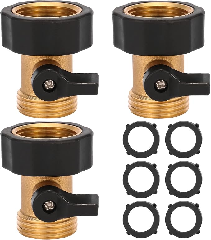 3 Pack 3/4" Brass Garden Hose Shut Off Valve | 1-Way Restricted-Flow Water Shut-Off, Fits 3/4 Inch Hose Connector