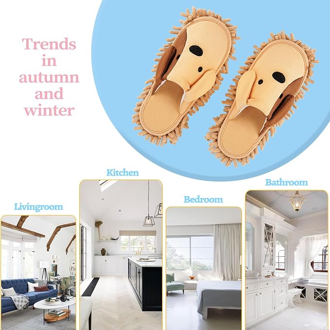 Detachable Dog Microfiber Mop Slippers Dusting for Home Khaki | Washable Mopping Shoes, Floor Dusting Slippers, Cleaning Slippers for Dirt Hair