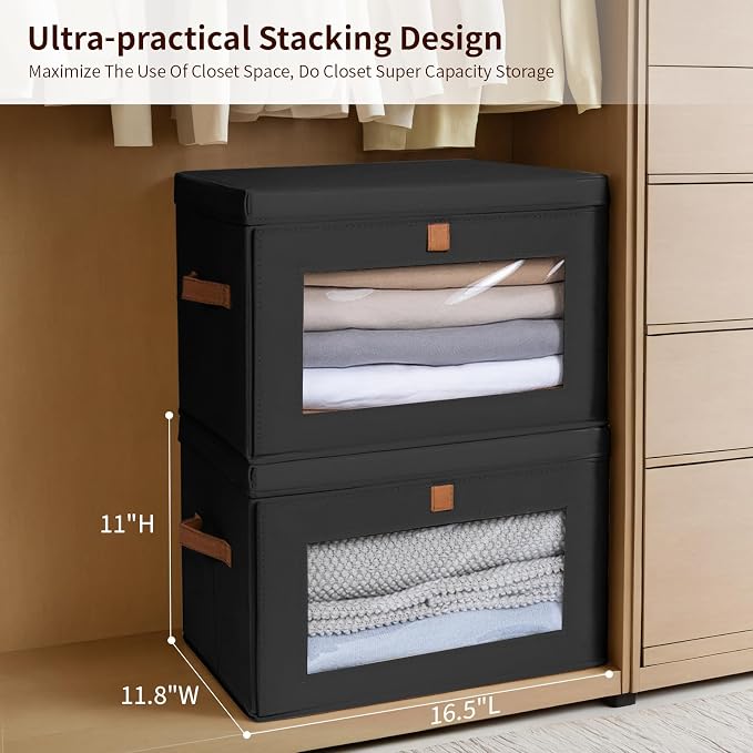 Homsorout Large Closet Storage Bins - Collapsible Clothes Organizer with Handles & Window, Decorative Boxes with Lids, Linen Closet Organizers for Living Room, Dorm, 8 Pack, Black