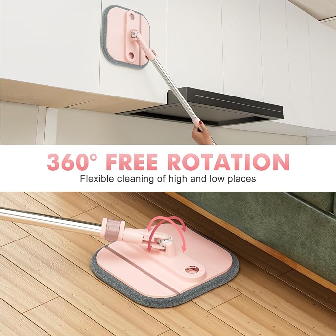 Spin Mop and Bucket System Kit, Self-Separating Cleaning Soil, Foldable Square Mop Bucket Head with Washable Interchangeable Mop Pads, Pink (Mop Set with 6PC Pads)