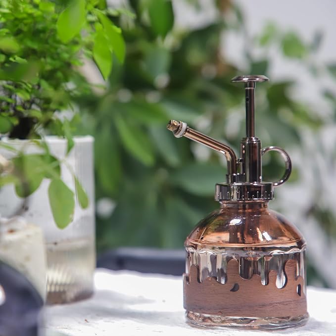 OFFIDIX Glass Plant Mister, Spray Bottle with Vintage Bronze Plastic Pump | Vintage Style Spritzer, Indoor Plant Spray Bottle, 6.3" Tall, 200ml/6.7oz, Small One Hand Watering Can for Garden Cleaning