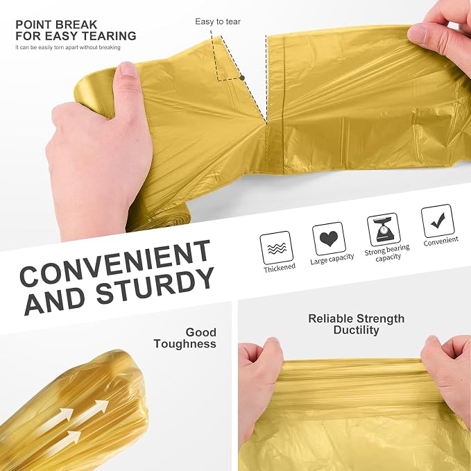 4-6 Gallon Heavy Duty Small Trash Bags, 100 Count (5 Rolls) - Gold | Leak-proof & sealed unscented liners. Fits 4-6 gallon trash cans in bathroom, kitchen, office, bedroom, boat, and cars.