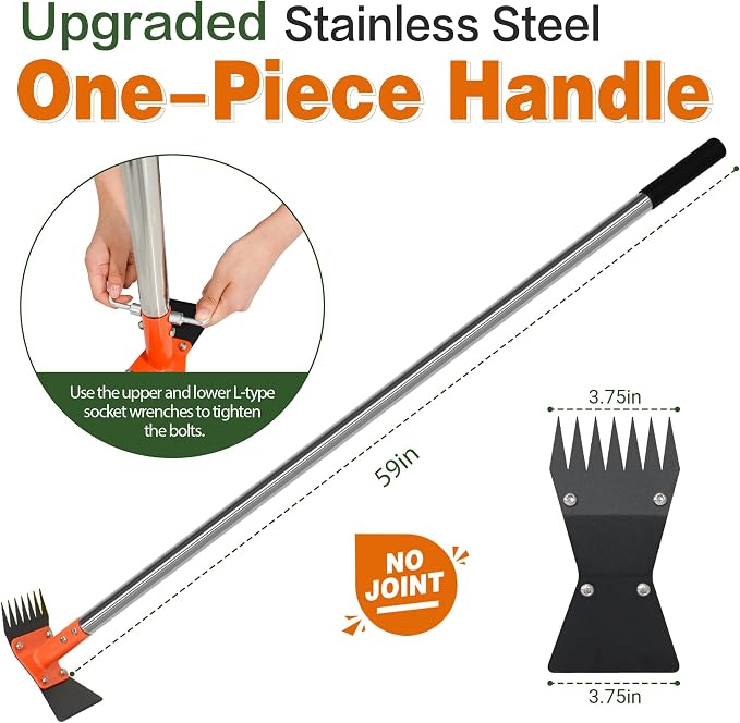 59 Inch One-Piece Handle 2-in-1 Garden Hoe and Weed Puller Tool | Weeding Tool Weed Rake Heavy Duty Spring Steel Head with Sand Texture Finish, Weed Remover for Garden, Yard, Lawn, Driveway