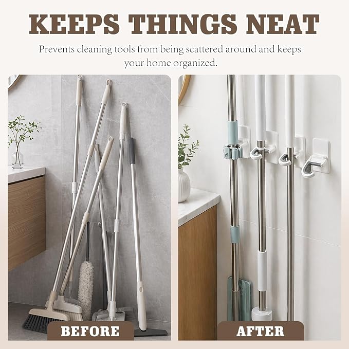 White 3-Pack Broom & Mop Wall Organizer – No-Drill Gripper Hanger for Household Cleaning Tools.