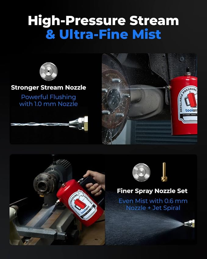toolant 32oz Refillable Pressurized Sprayer, 200 PSI Max, Red | Brake cleaner and solvents, rust-resistant steel canister, leak-resistant needle valve, dual 1.0/0.6 mm nozzles & funnel