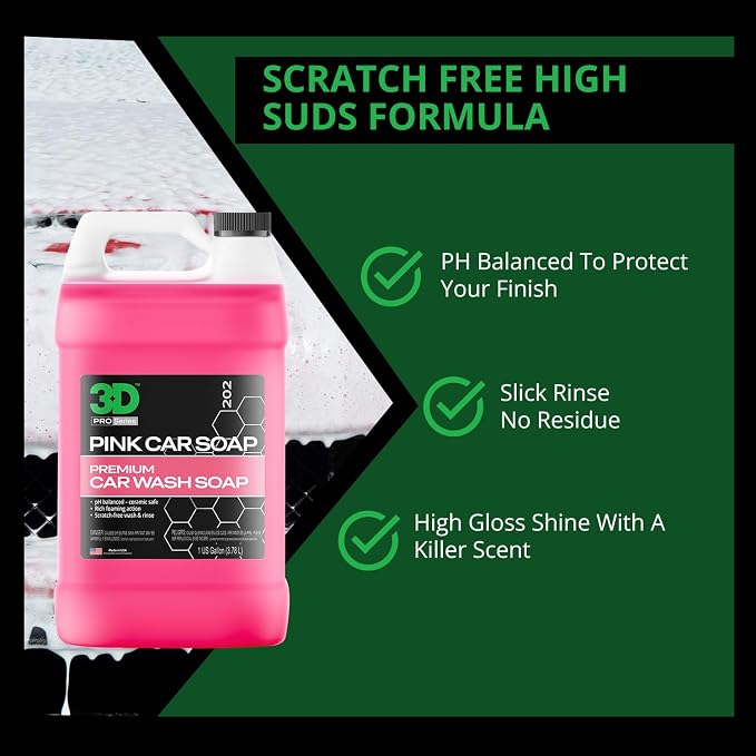 3D Pink Car Wash Soap, 1 Gallon – High Suds pH Neutral Car Shampoo, Cherry Scent, Safe for Ceramic Coatings, Wax & Sealants, Leaves a High Gloss Finish
