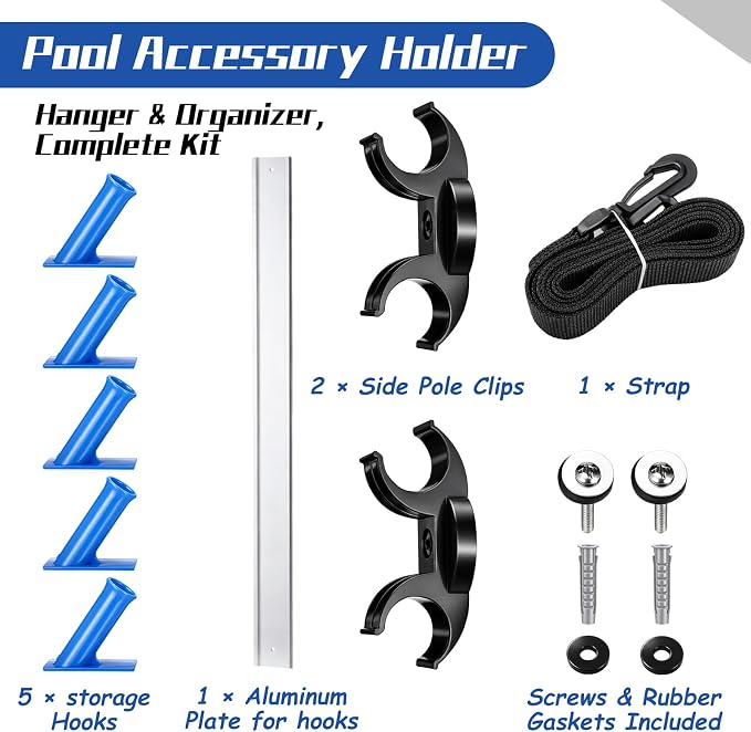 6 Pcs Swimming Pool Accessories Holder Set 4 Pool Pole Hanger Cleaning Maintenance Tool Equipment Organizer Storage Hooks Racks for Telescopic Poles Skimmers Nets Leaf Rake Brush Vacuum Hose